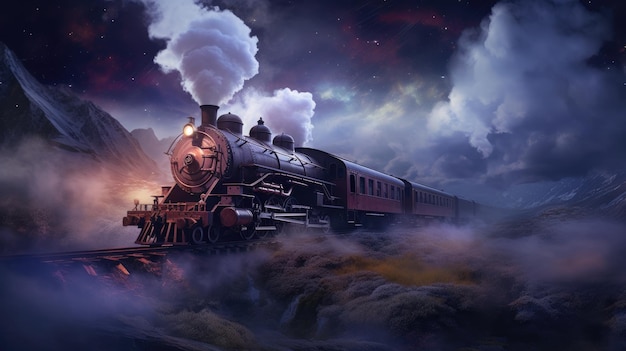 Stwórz niesamowity obraz pociągu otoczonego mglistą mgłą, której światła przenikają