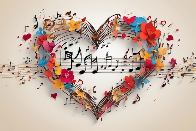 Zdjęcie stwórz obraz oparty na nazwie lyric love hub z nutami muzycznymi na tle serca