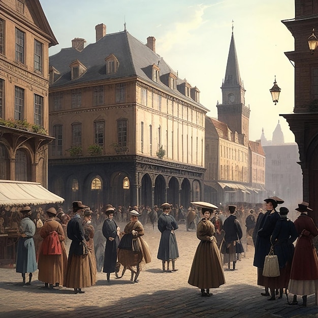 Stwórz obraz tętniącego życiem placu miejskiego w XIX wieku