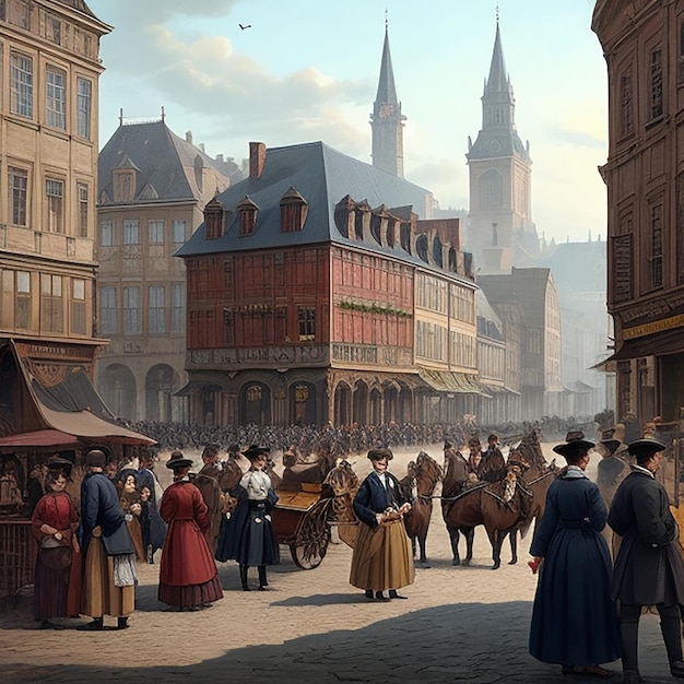 Stwórz obraz tętniącego życiem placu miejskiego w XIX wieku