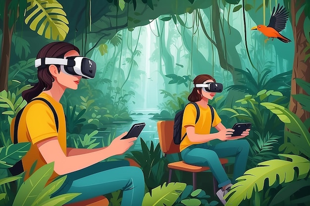 Stwórz obraz uczniów używających słuchawek VR do zbadania różnorodności biologicznej ekosystemów lasów deszczowych