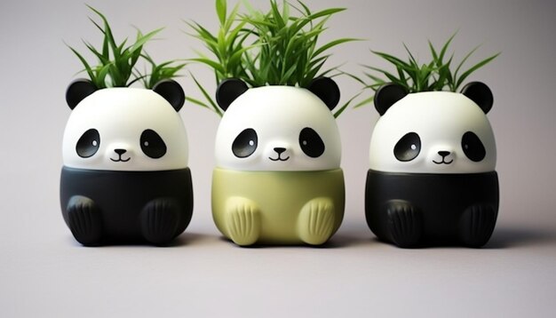 Zdjęcie stwórz serię 3d drukowanych garnków roślin w kształcie uroczych pand. te garnki mogą być idealne dla małych roślin, takich jak sukulenty lub kaktusy.