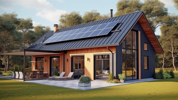 Stwórz średniej wielkości nordycki dom z trzema sypialniami, wiatą garażową i panelami słonecznymi na dachu Używaj żywych kolorów GENERUJ SI