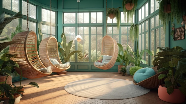Stwórz swój własny tropikalny raj z tarasem słonecznym z bambusowymi meblami porośniętymi bujną zielenią i wiszącym rattanowym krzesłem Wygenerowanym przez AI