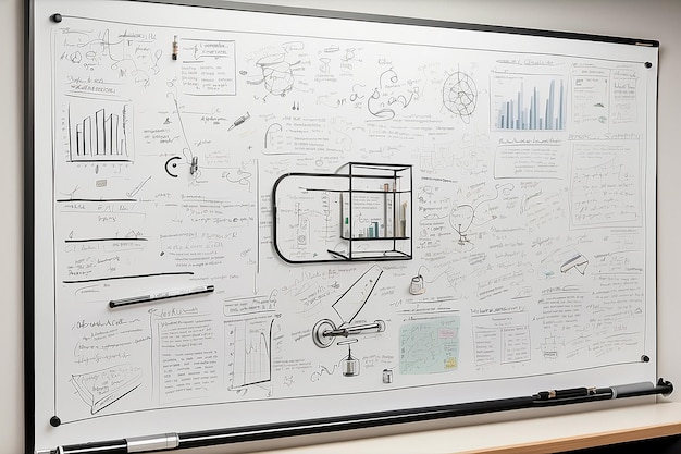 Zdjęcie stwórz szczegółową ilustrację tablicy wypełnionej ręcznie napisanymi formułami i pojęciami naukowymi