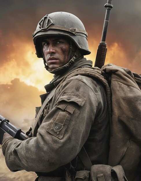 Stwórz szczegółowy fotorealistyczny zbliżenie żołnierza z II wojny światowej w środku zaciekłej bitwy
