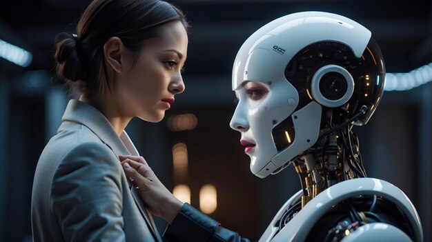 Stworzenie AI: Człowiek dotyka wskazującego palca robota AI Generative