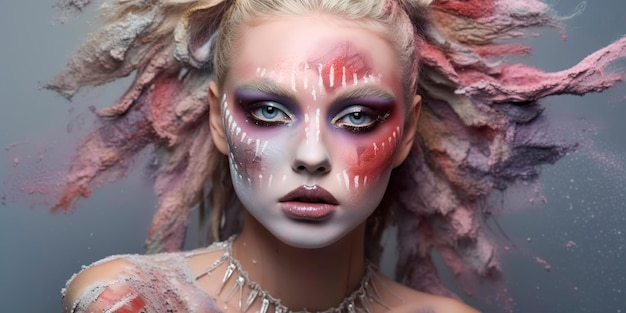 Stworzenie modnego makijażu redakcyjnego, podkreślającego użycie niekonwencjonalnych kolorów, tekstur i technik Generative AI