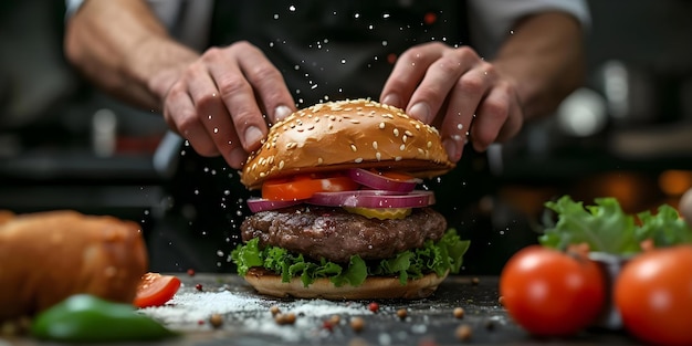 Stworzenie pysznego hamburgera od podstaw sztuka utalentowanego szefa kuchni Koncepcja hamburgera Tworzenie umiejętności gotowania Sztuka kulinarna Pyszne kreacje Posiłki gurmańskie