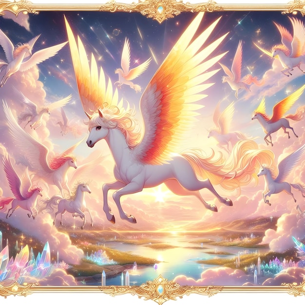 Stworzyć animowany obraz niebiańskiej farmy wypełnionej Pegasus