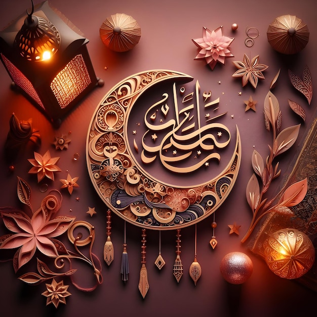 Stworzyć obraz Eid Mubarak piękna typografia napisana z elementami islamskimi