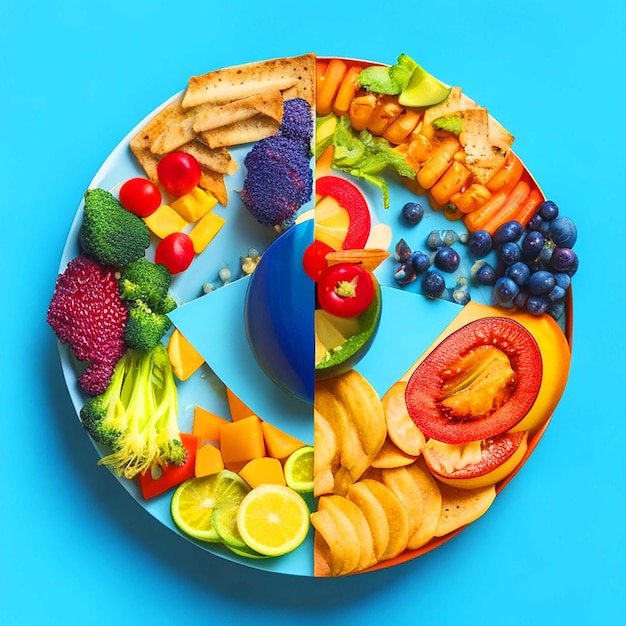Zdjęcie stworzyć obraz osoby cieszącej się zrównoważonym posiłkiem z talerzem pełnym kolorowych zdrowych potraw