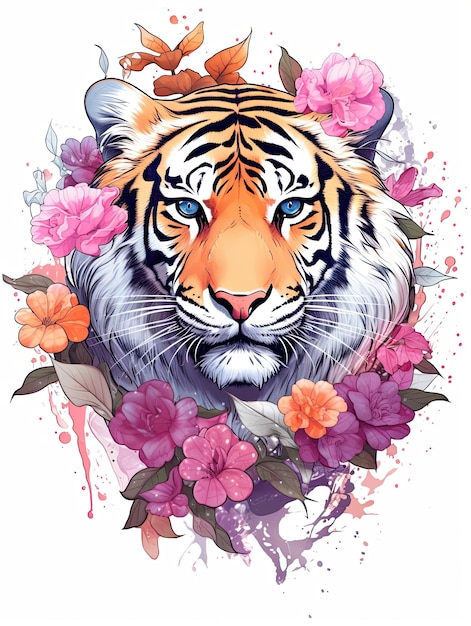 Zdjęcie styl akwareli pastelowy kolor piękny tygrys z wiosennymi kwiatami sztuka tatuaż na białym tle generative ai