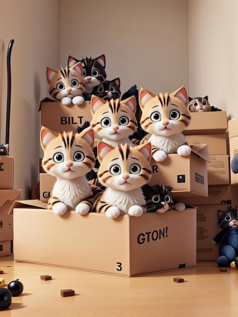 Styl animacji 3D grupa uroczych kociąt