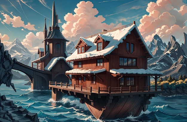 styl anime dom na wodzie z górskim tłem