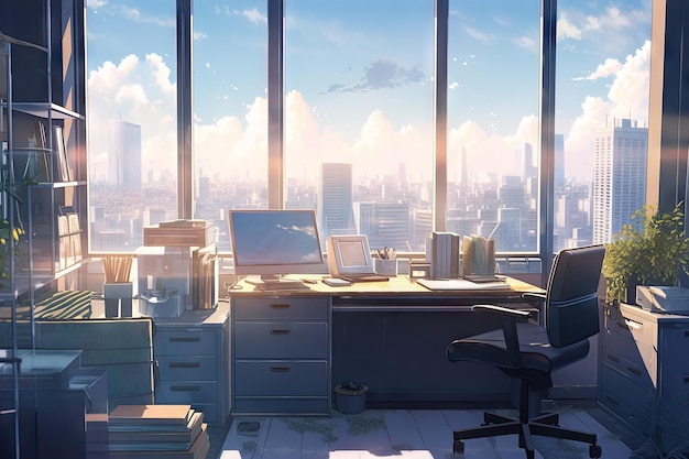 Styl Anime wnętrz biurowych kreatywnych i kolorowych ilustracji w miejscu pracy