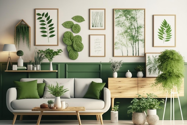 Zdjęcie styl aranżacji salonu drewniana toaleta nowoczesna kanapa skandynawska mock up ramki i kreatywna dekoracja ścienna eukaliptusowa ściana w kolorze zielonym szablon spacja