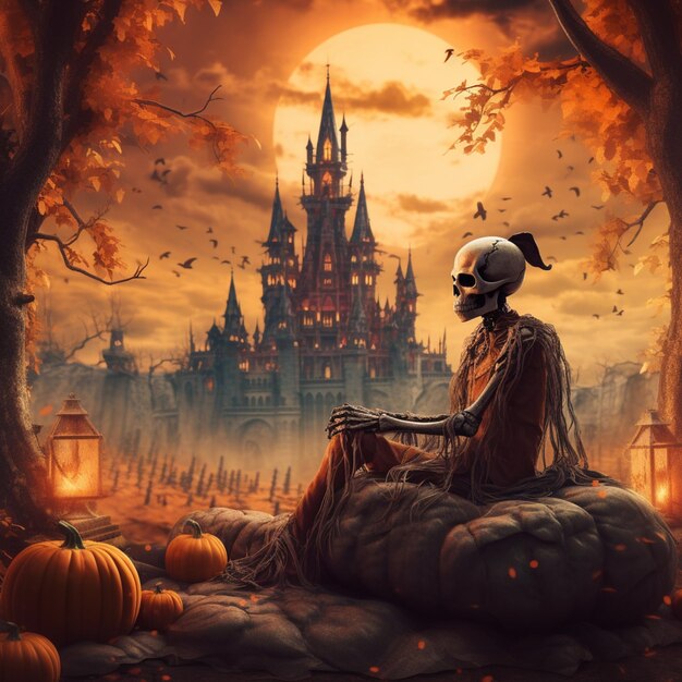 Styl Halloween Szkielet siedzący obok dużego drzewa z zamkiem za nim pomarańczowy ton dla tła Halloween