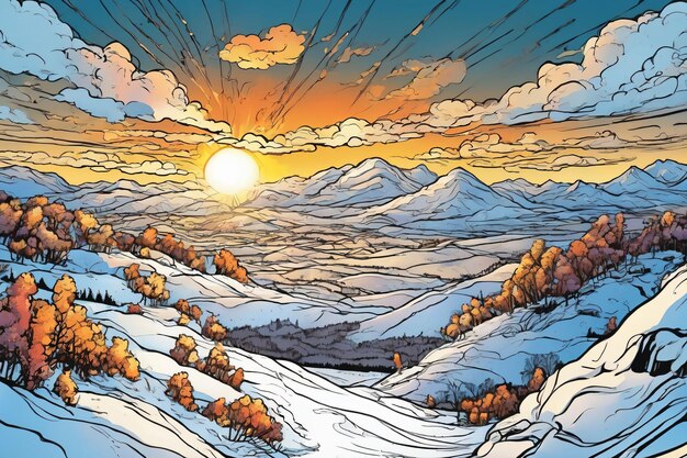 Styl komiksowy śnieżnego środowiska przy zachodzie słońca