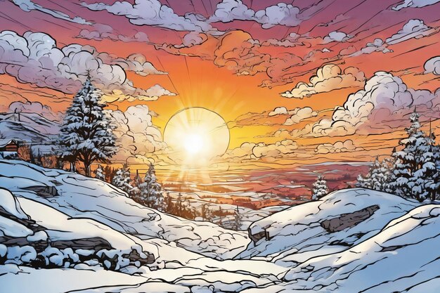 Styl komiksowy śnieżnego środowiska przy zachodzie słońca