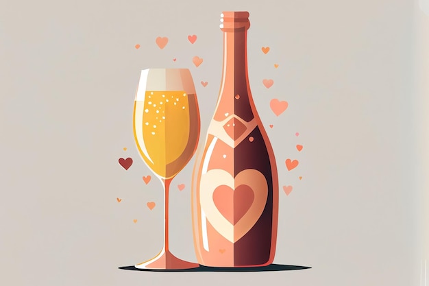 Styl kreskówki ilustracja butelki szampana i szkła z romantyczną atmosferą AI
