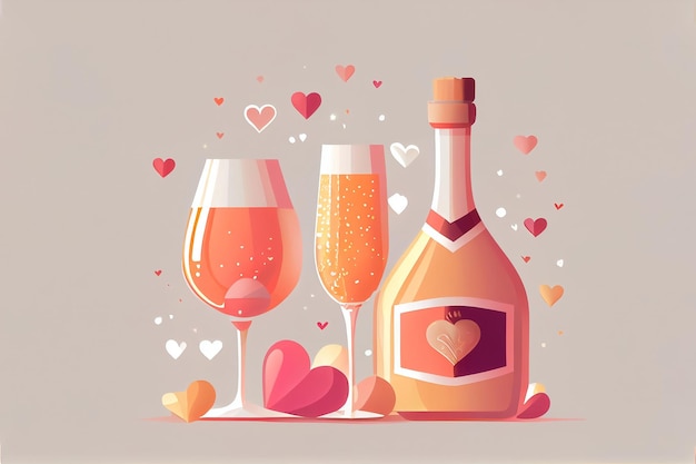 Styl kreskówki ilustracja butelki szampana i szkła z romantyczną atmosferą AI