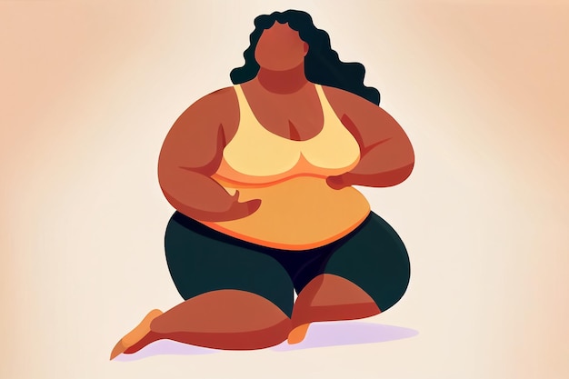 Styl kreskówki ilustracja plus size kobiety w sportowym ubraniu robi joga ciała pozytywnej koncepcji AI