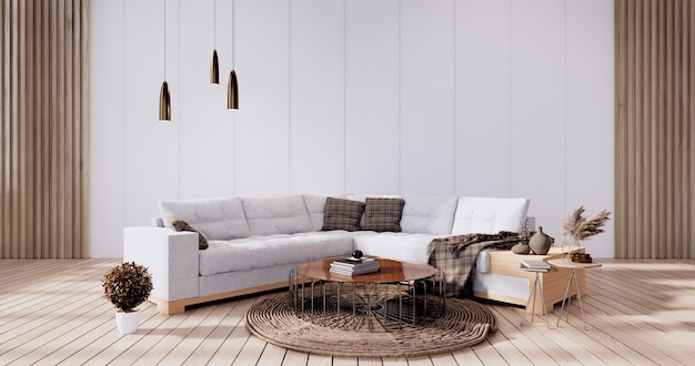 Styl loftu z białą ścianą na drewnianej podłodze i fotelem z sofą na dywanie. Renderowanie 3D