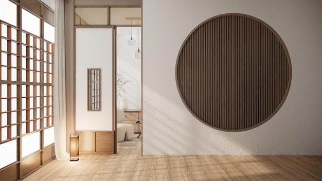 Styl Muji Pusty drewniany pokójCzyszczenie wnętrza pokoju japandi Renderowanie 3D
