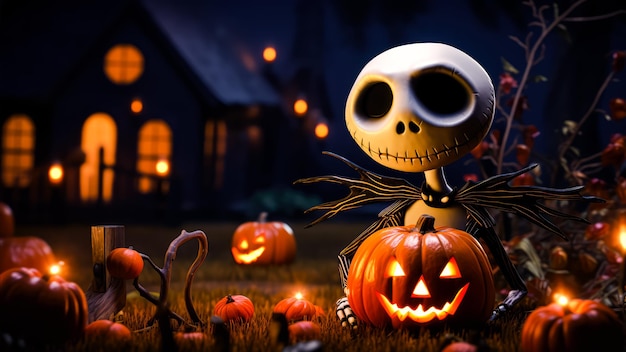 Styl postaci z kreskówek Halloween 3d z dynią i uroczym szkieletem krajobrazu tła dla banera