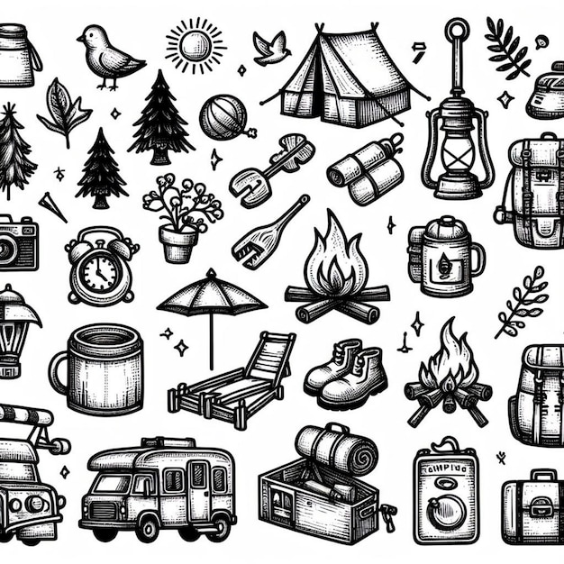 Styl rysowania ilustracji wektorowych kolekcji ikon kempingowych