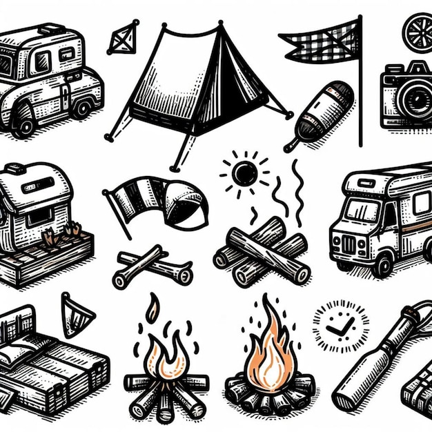 Styl rysowania ilustracji wektorowych kolekcji ikon kempingowych