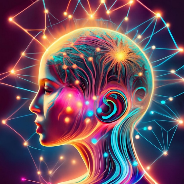 Zdjęcie styl sci-fi ludzki mózg i neurony kolory neonowe koncepcja sztucznej inteligencji
