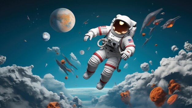 Styl sztuki papierowej Astronauta unoszący się w przestrzeni Piękna planeta w stratosferze Cięcie papieru