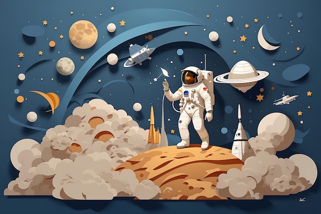 Styl sztuki papierowej astronauty podnoszącego flagę na Księżycu z ilustracją wektorową statku kosmicznego flatstyle