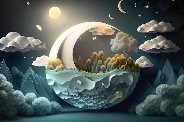 Styl sztuki papieru 3D Nowoczesne puszyste chmury i gwiazdy w księżycu o północy Ilustracja cięcia papieru Wygeneruj Ai