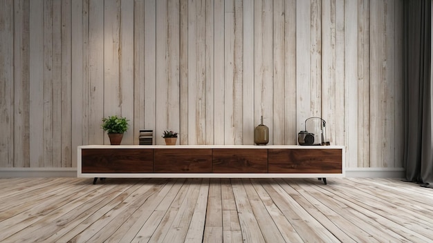 Styl vintage pusty pokój 3d render białego drewna deska ściana ozdobiona drewnianymi półkami