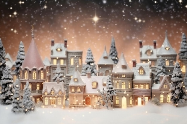 Styl Vintage Wioska Bożego Narodzenia Zimowa Śnieg Generatywna AI