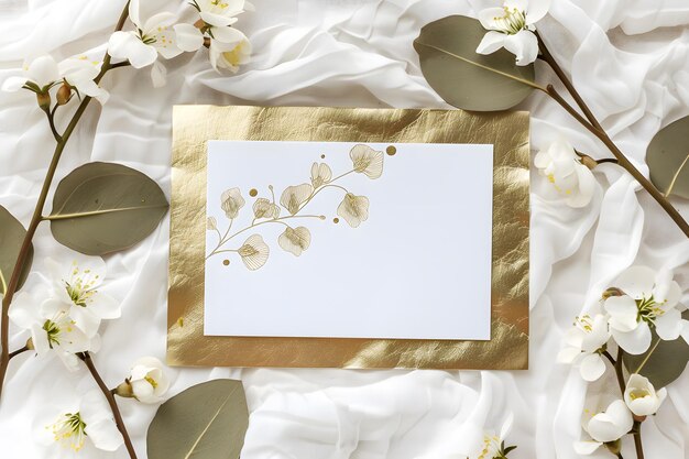 Zdjęcie stylish elegant flat lay white gold floristic greeting invitation post card with copy space mockup