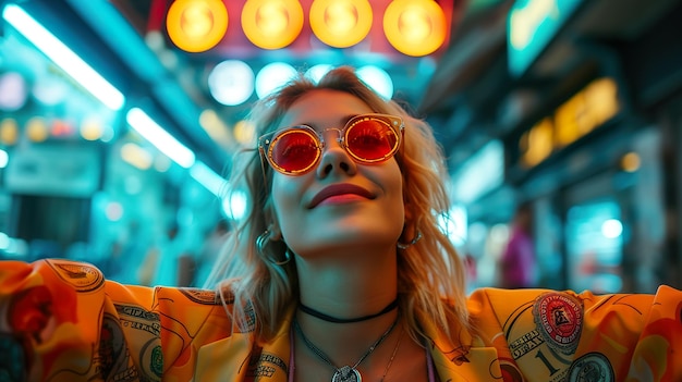 Stylistyczna kobieta w okularach przeciwsłonecznych z miejskimi światłami xA Koncepcja Bitcoina i kryptowaluty