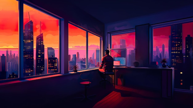Stylizowana ilustracja mężczyzny oglądającego świt miasta przez okno