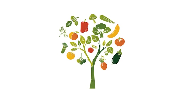 Zdjęcie stylizowane drzewo z różnorodnymi kolorowymi warzywami i owocami jako liście reprezentujące zdrowe odżywianie