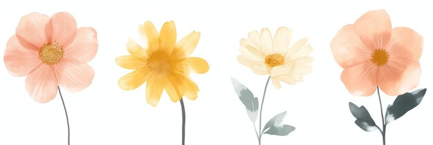 Stylizowane kwiatki i liście w akwarelach w miękkich pastelowych kolorach izolowane na białym tle idealnie nadają się do wzorów o tematyce wiosennej