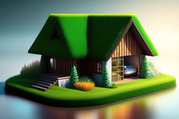 Stylizowany dom z zielonym dachem