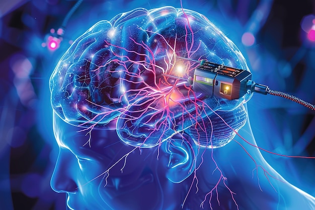 Stylizowany obraz mózgu podłączonego do technologii za pomocą neonowych świateł