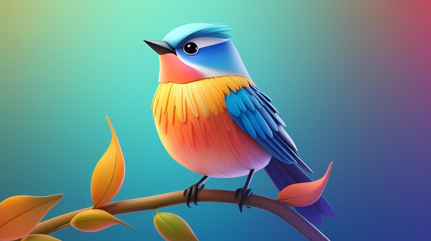 Zdjęcie stylizowany ptak 3d siedzący na gałęziach prezentujący żywe kolory i spokojną reprezentację natury