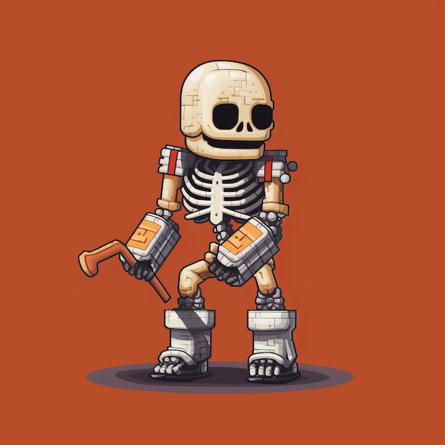 Stylizowany szkielet trzymający kij baseballowy ciemno pomarańczowy i jasno beżowy
