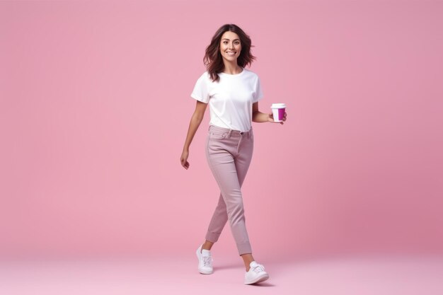 Stylowa brunetka z tysiąclecia biega z kawą Przyciągające zdjęcie na różowym tle