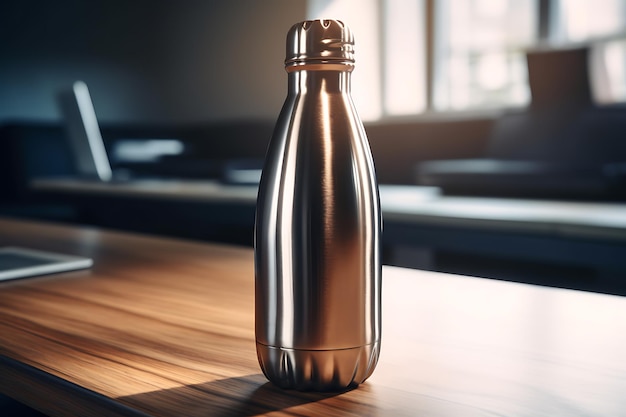 Zdjęcie stylowa butelka termiczna na drewnianym stole miejsce na tekst