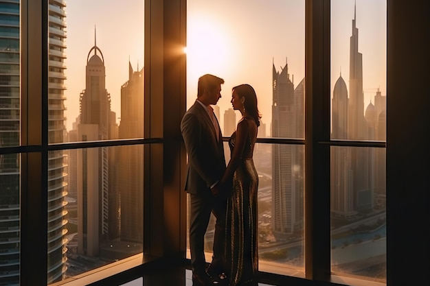 Stylowa i bogata kaukaska para ciesząca się panoramą Dubaju Miłość w Zjednoczonych Emiratach Arabskich Generacyjna sztuczna inteligencja